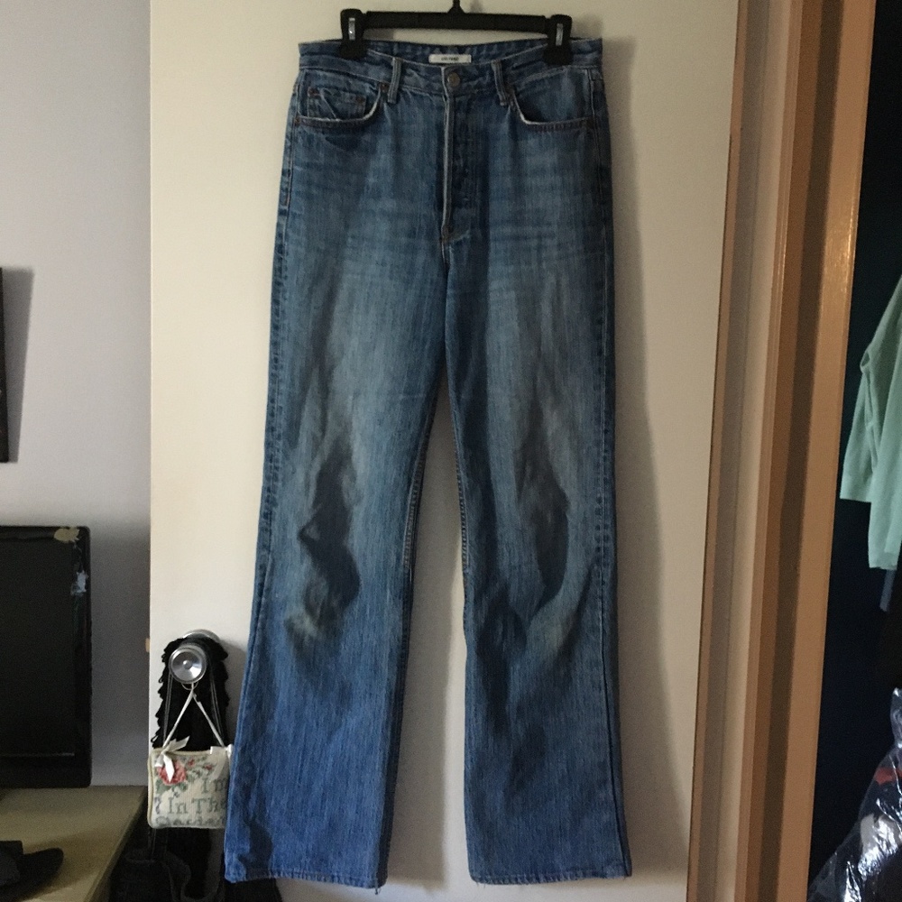 GRLFRND High-Rise Wide Leg Flare Jeans in Medium Blue - Picture 2 of 11